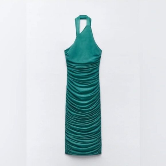 NEW ZARA Fitted Organza  Halter Midi Dress in Green, Size S - Picture 10 of 16